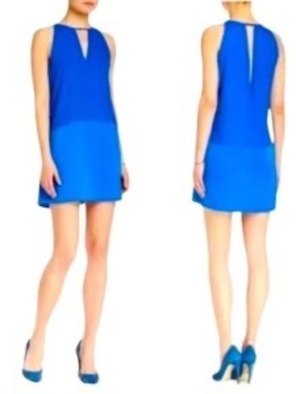 Blue Sleeveless Shift Dress Keyhole Neck Mini Size L Parker